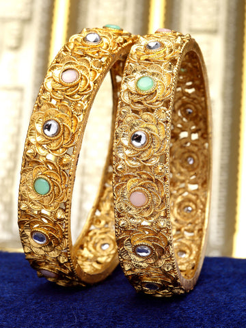 Karatcart Gold Plated Set of 2 Floral Design Multicolor Stone Studded Bangles for Women
