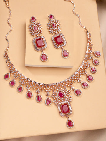 Karatcart Rose Gold Plated Red Stone American Diamond Necklace Set for Women