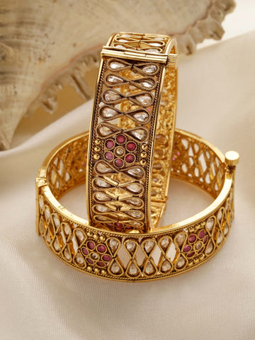 Karatcart Set of 2 Antique Gold Plated Drop Shape Floral Design Bangles for Women