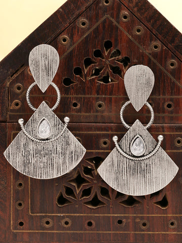Karatcart Minimal Oxidized Silver-Toned Fan Earrings with Textured Finish & Teardrop Accent for Women