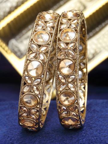 Karatcart Set of 2 Antique Gold Plated Floral Golden Kundan Studded Bangles for Women