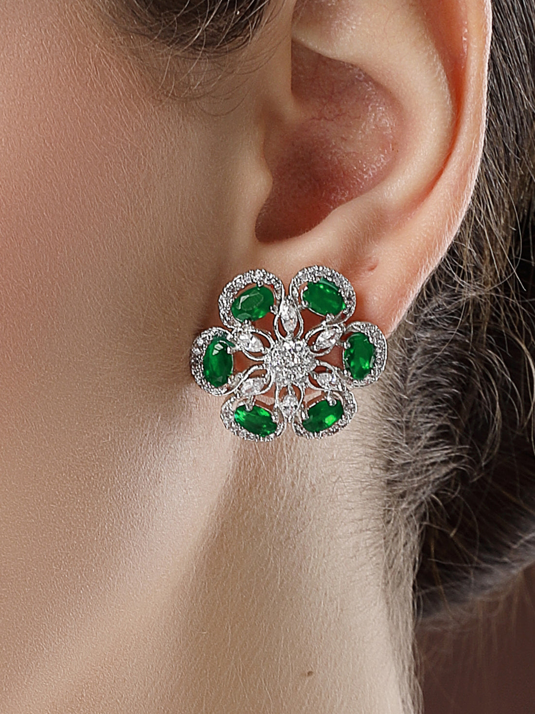 Karatcart Elegant Floral Design Green American Diamond Stud Earrings for Women