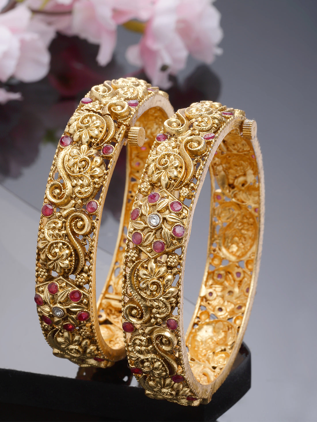 Karatcart Set of 2 Antique Gold Plated Red Stone Studded Rajwadi Temple Bangles for Women