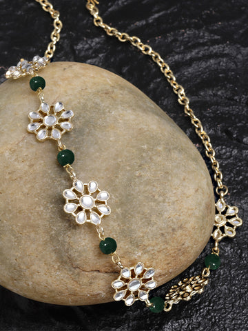 Karatcart Gold Plated Green Bead Studded Floral Kundan Hairband for Women