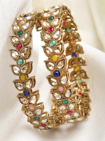 Karatcart Set of 2 Antique Gold Plated Multicolor Kundan Rajwadi Bangles for Women