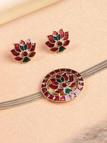 Karatcart Red & Green Lotus Enamel Gold-Plated Temple Jewellery Set for Women