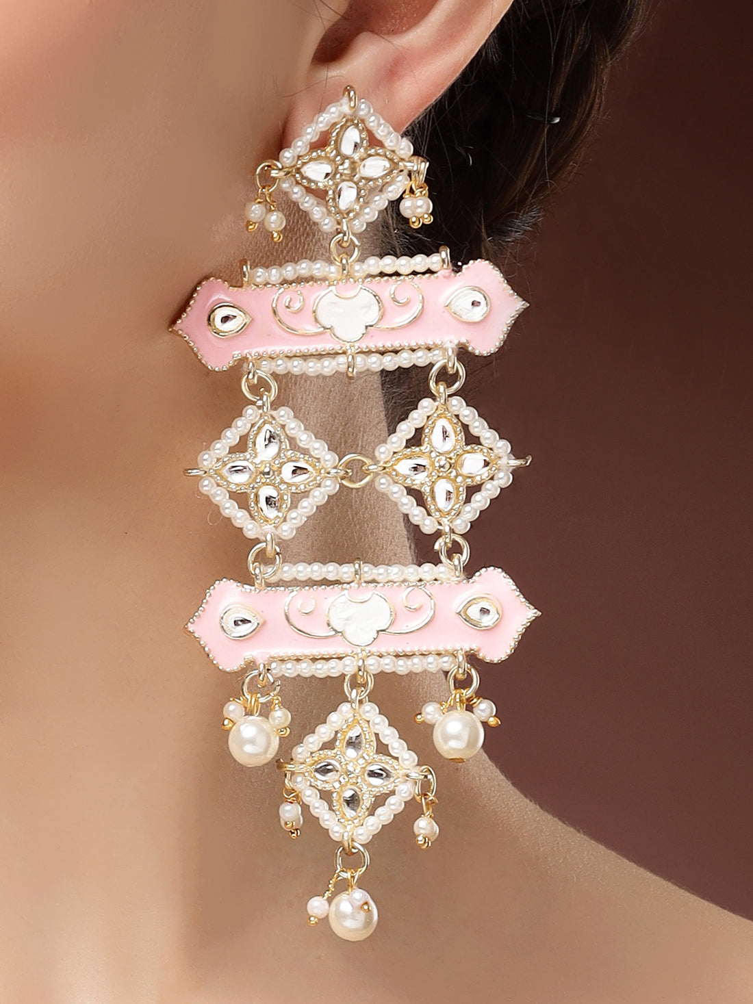 Karatcart Gold Plated Pink and White Enamel Kundan Pearl Dangler Earrings for Women