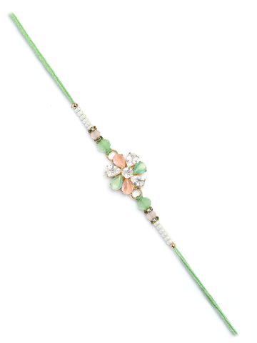 Karatcart Lime Green, Peach and White Rhinestones Floral Bhiya Rakhi with Roli & Chawal