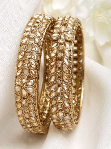 Karatcart Gold Plated Leaf Design Golden Kundan Studded Set of 2 Bangles Set for Women