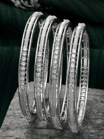 Karatcart Silver Plated Set of 4 American Diamond Studded Bangles for Women