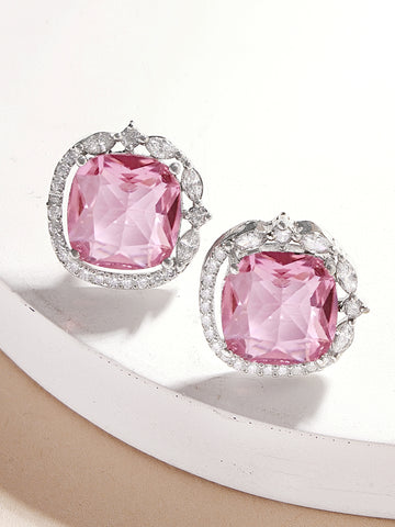 Karatcart Silver Tone Pink American Diamond Stud Earrings for Women