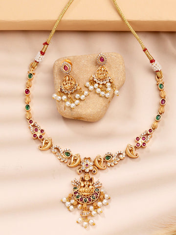 Karatcart Traditional Laxmi Mata Gold Plated Stone Studded Temple Necklace Set for Women