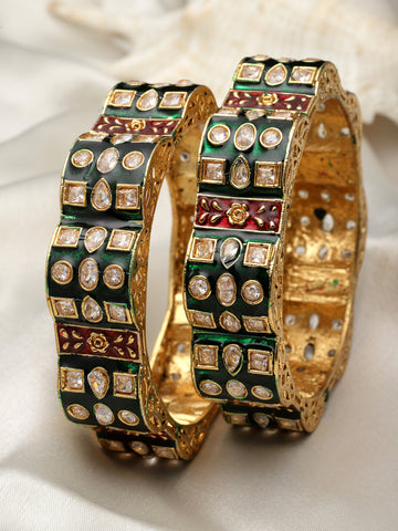 Karatcart Gold Plated Green Meena Bangles Set for Women