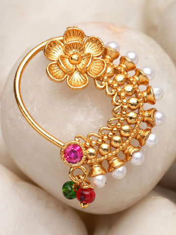 Karatcart Gold Plated Floral Design Pink Stone and Pearl Studded Nose Ring for Women