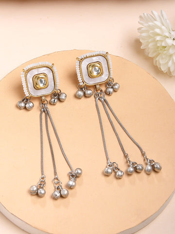 Karatcart Traditional Gold-Plated Square Mother of Pearl Drop Earrings with Long Chain Tassels