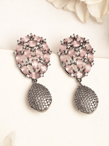 Karatcart Elegant Oval Drop Shape Pink American Diamond Drop Earrings for Women