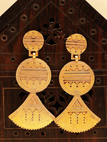 Karatcart Antique Gold Plated Ethnic Tribal Engraved Designer Drop Earrings for Women