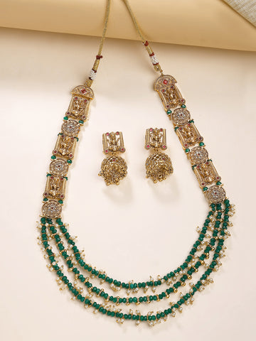 KARATCART Gold Plated Green Crystal Multilayer Laxmi Mata Rani Haar Temple Jewellery Set