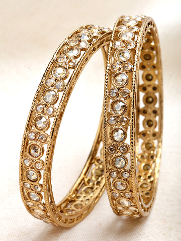 Karatcart Set of 2 Antique Gold Plated Round Shape Kundan Rajwadi Bangles for Women