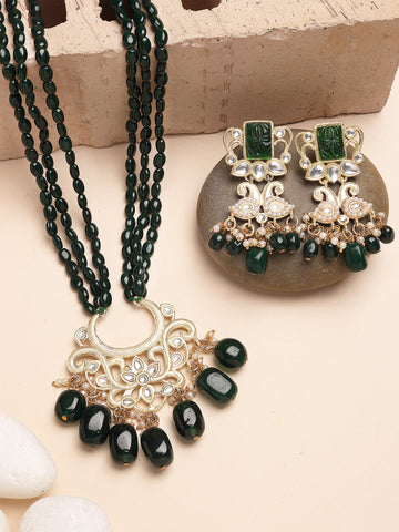 Karatcart Green Tumble Stone Kundan Rani Haar Necklace Set for Women