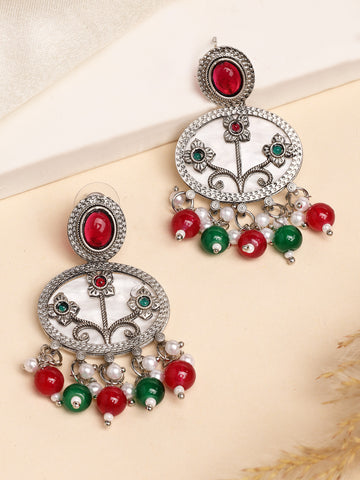 Karatcart Designer Oxidized Silver Red & Green Floral Embellishments Dangler Earrings for Women