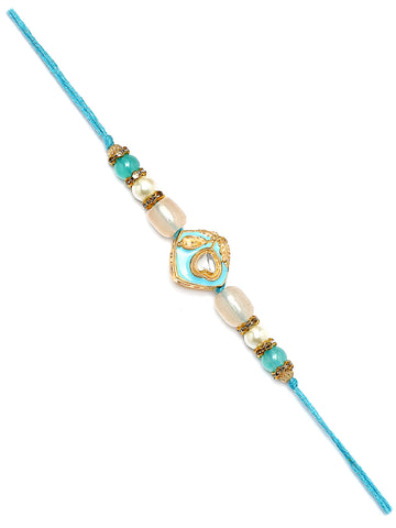 Karatcart Set of 3 Pink and Blue Enamel Kundan Rakhi for Brother with Roli & Chawal