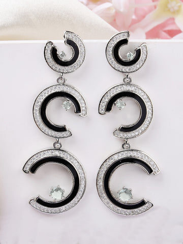 Karatcart Bold Black Enamel Silver Plated Crescent American Diamond Dangle Earrings