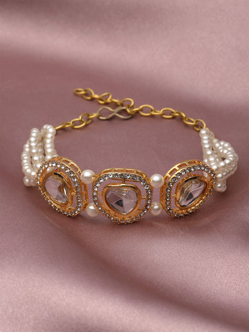 Karatcart Gold Plated Polki Kundan and Pearl Bracelet for Women