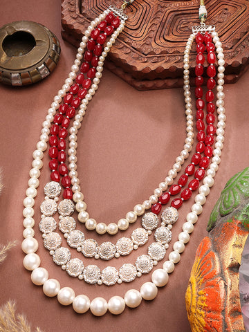 Karatcart Red and White Pearl Kundan Maharaja Haar for Men