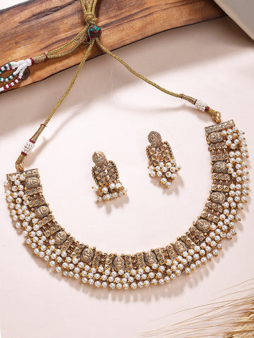 KARATCART Traditional South Indian Gold Plated Pearl Beaded Temple Jewellery Set for Women