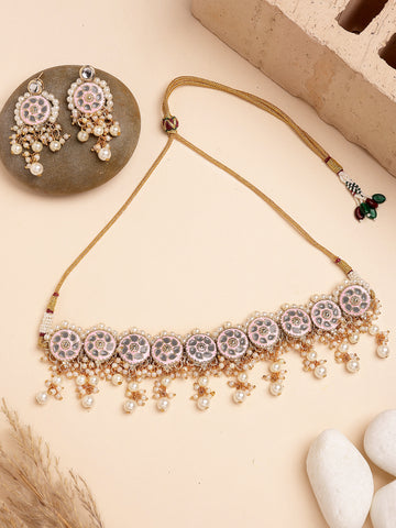 Karatcart Gold Plated Pink & Grey Meena Kundan Choker Necklace Set for Women