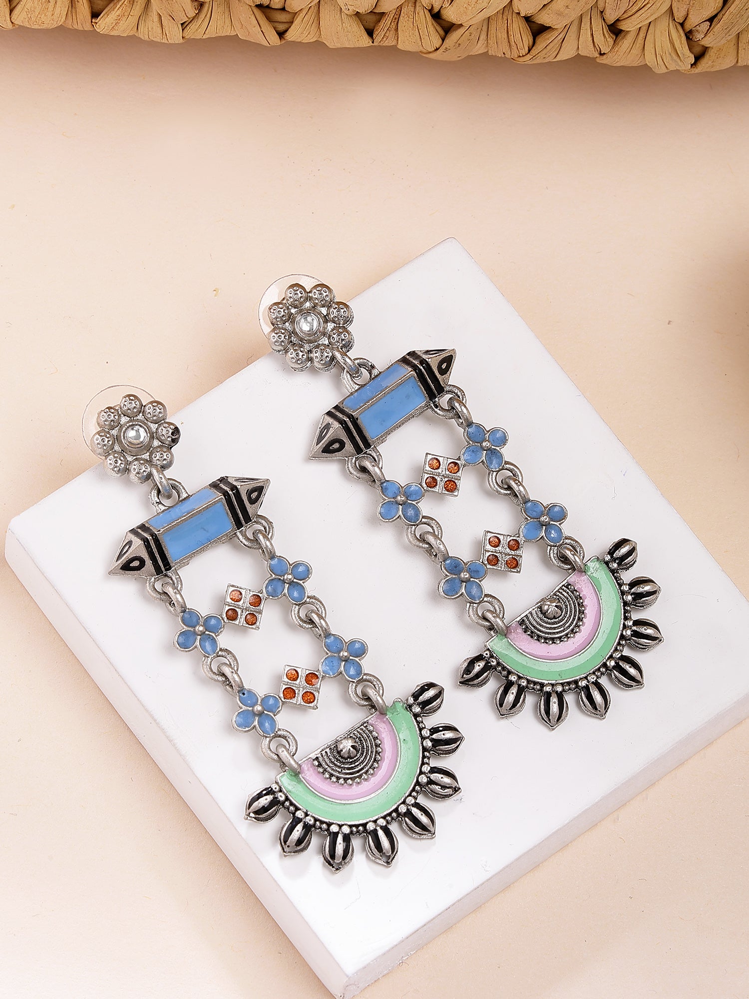 Karatcart Oxidized Silver Boho Tribal Colorful Enamel Dangler Earrings for Women