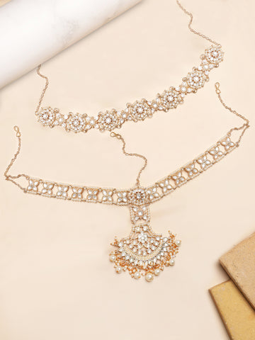 Karatcart Traditional Gold Plated Pearl Studded Kundan Mathapatti and Hairband Combo for Women