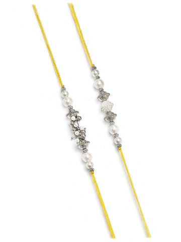 Karatcart Set of 4 Silver Beads and Pearl Kundan Rakhi for Brother with Roli & Chawal