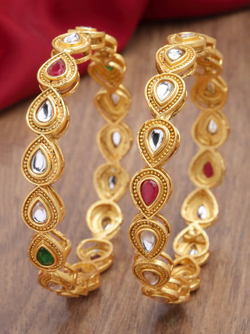 Karatcart Gold Plated Set of 2 Drop Shape Kundan Bangles for Women