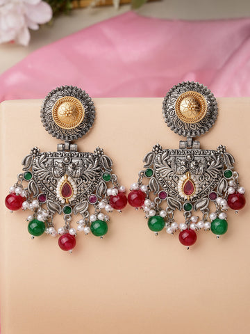 Karatcart Oxidised Silver and Gold Plated Red and Green Beads Dangler Earrings for Women