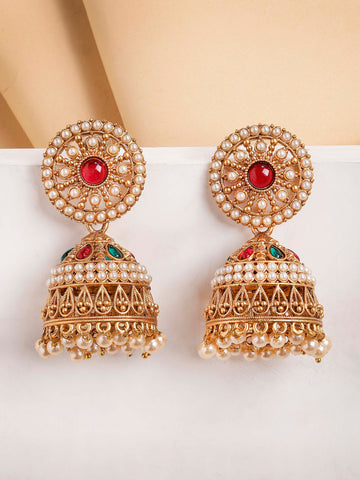 Karatcart Antique Gold Plated Jhumka Earrings with Pearl Beads & Red Stone Center