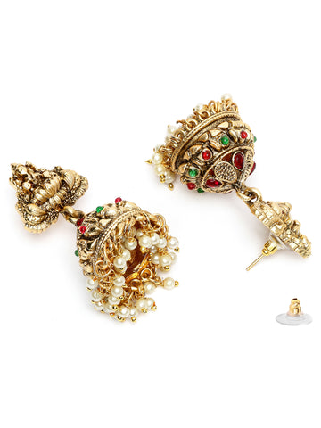 Karatcart Elegant Gold Plated Laxmi Mata Engraved Jhumki Earrings for Women