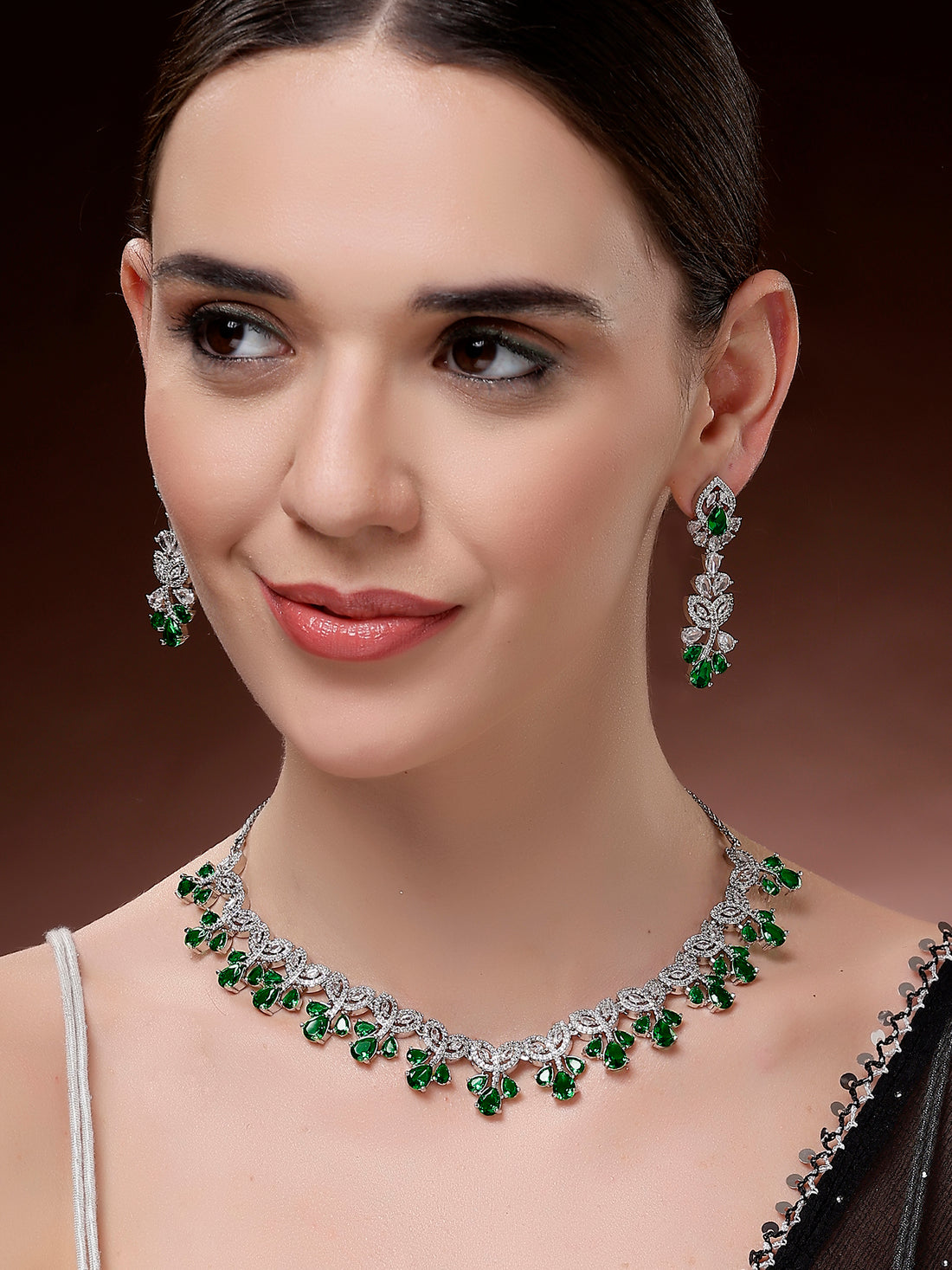 Karatcart Sparkling Green Floral American Diamond Silver Plated Necklace Set for Women