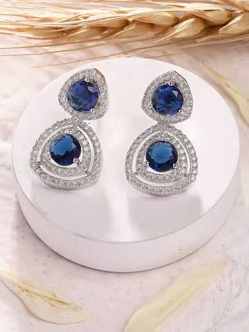 Karatcart Elegant Silver-Tone Teardrop Blue American Diamond Drop Earrings for Women