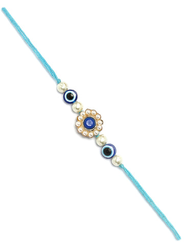 Karatcart Gold Plated Blue Evil Eye Kundan Bhiya Rakhi with Roli & Chawal