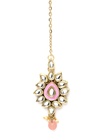 Karatcart Gold Plated Baby Pink Meena Kundan Maangtikka for Women