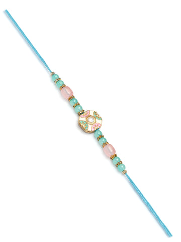 Karatcart Gold Plated Pink and Blue Beads Enamel Kundan Bhiya Bhabhi Rakhi with Roli & Chawal
