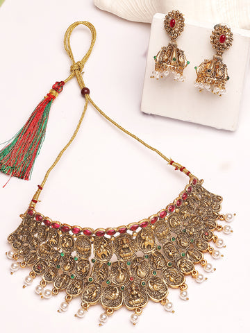 Karatcart Gold Plated Red Stone Laxmi Mata Choker Temple Jewellery Set for Women