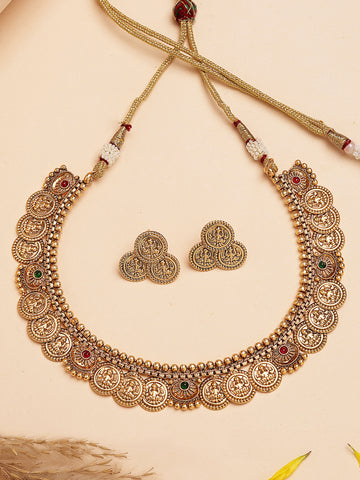 Karatcart Gold Plated Laxmi Mata Engraved Coin Design Temple Jewellery Set for Women