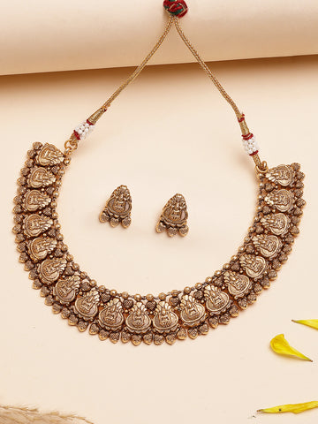 Karatcart Gold Plated Laxmi Mata Engraved Kalash Design Temple Jewellery Set for Women