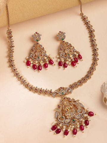 KARATCART Traditional Gold Plated Red Stone Laxmi Mata Temple Jewellery Set for Women