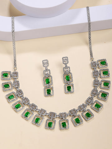 Karatcart Dazzling Silver Plated Green Square American Diamond Necklace Set for Women