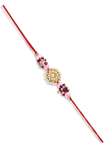 Karatcart Gold Plated Pink and Purple Crystal Kundan Bhiya Bhabhi Rakhi with Roli & Chawal