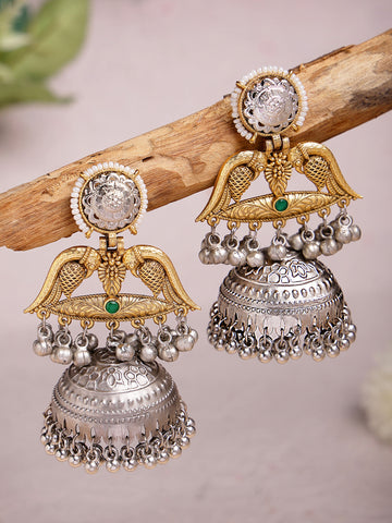 Karatcart Elegant Gold Plated Green Stone Bird Motif Dual Tone Silver Jhumka Earrings for Women